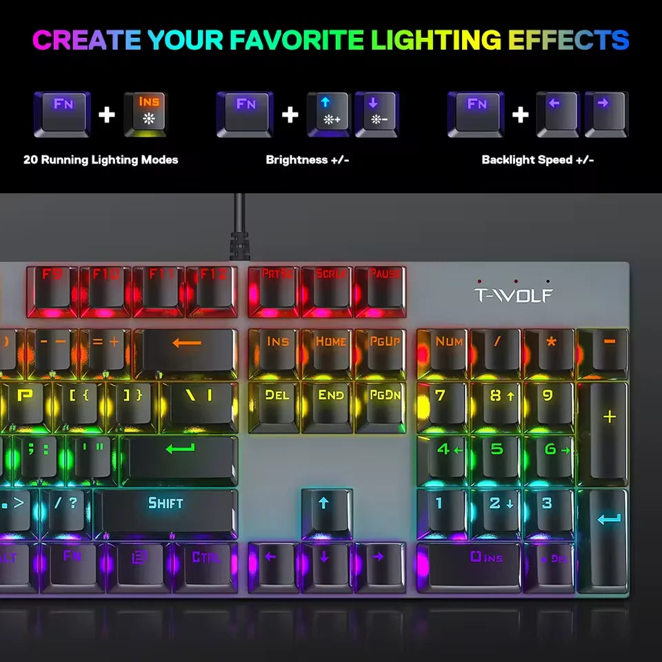 T-WOLF T17 Clavier Mécanique Gaming RGB 104 Touches Blue Switch